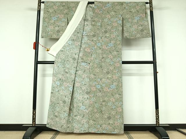 平和屋着物▽小紋 単衣 草花文 鬼しぼ縮緬 洗える着物 AABL3740jh