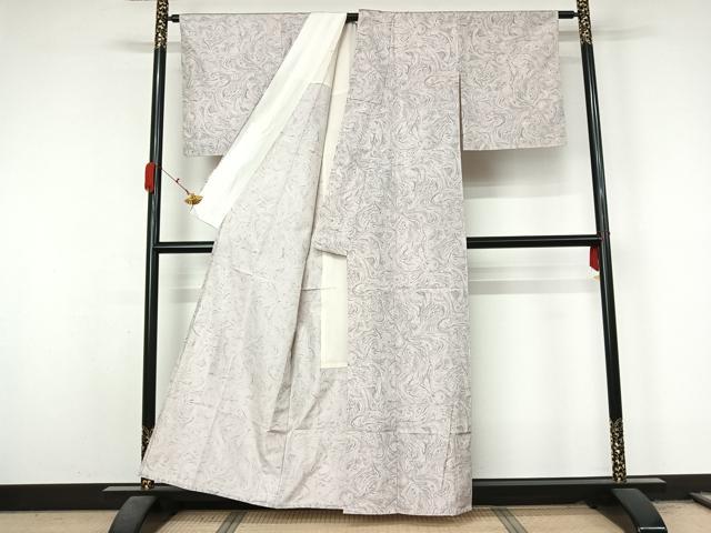 平和屋着物▽上質な小紋 単衣 紬地 墨流し文様 正絹 逸品 AABL3767jh