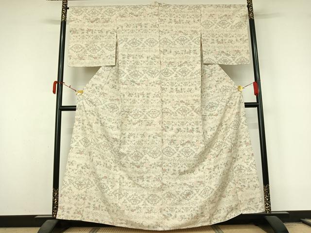 平和屋着物▽上質な紬 単衣 横段花文 正絹 逸品 AABL3768jh