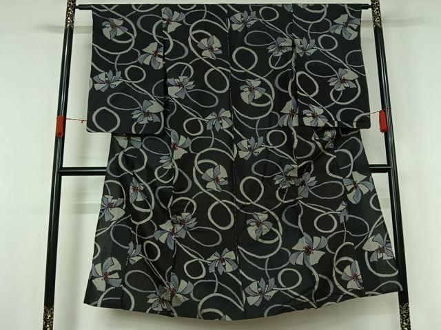 平和屋着物▽上質な紬 単衣 舞花文 黒地 正絹 逸品 AABL3773jh