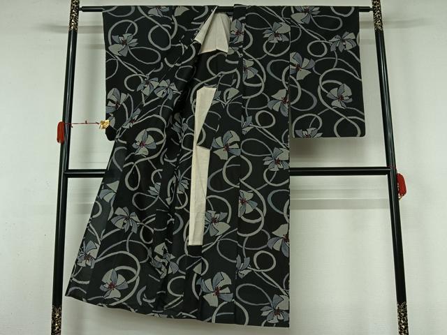 平和屋着物▽上質な紬 単衣 舞花文 黒地 正絹 逸品 AABL3773jh