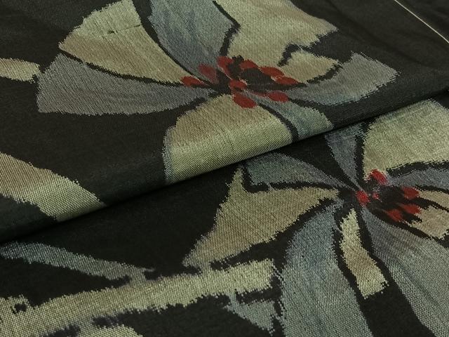 平和屋着物▽上質な紬 単衣 舞花文 黒地 正絹 逸品 AABL3773jh