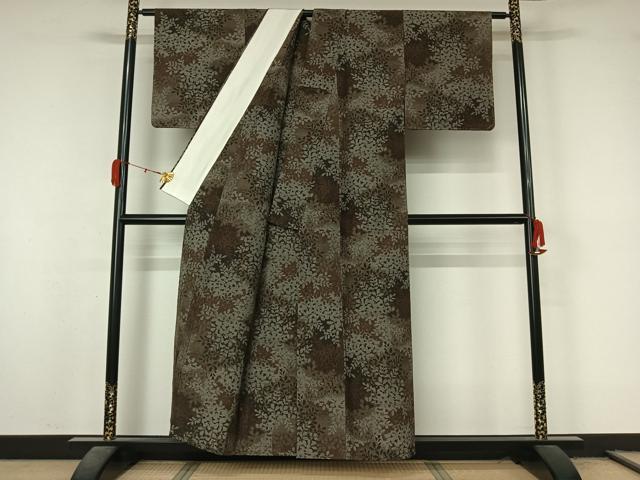 平和屋着物▽上質な紬 単衣 草葉文 正絹 逸品 AABL3778jh