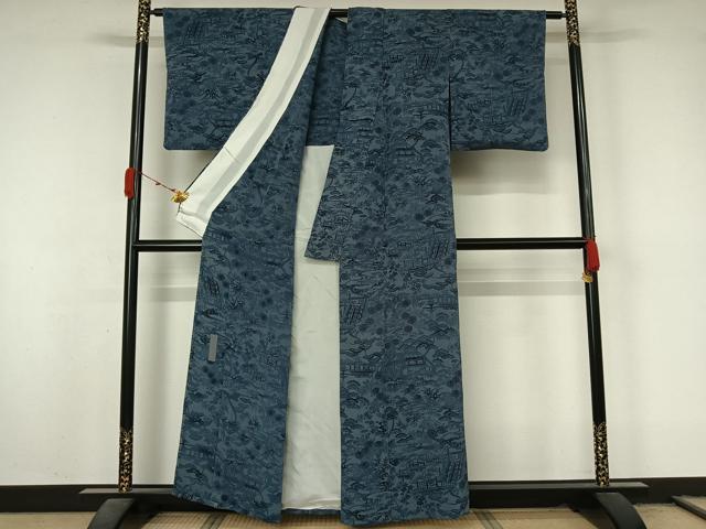 平和屋着物▽宮内庁御用達 赤城右堂 小紋 単衣 型染め 本草木染 風景花文 鬼しぼ縮緬 反端付き 正絹 逸品 AABL3787jh