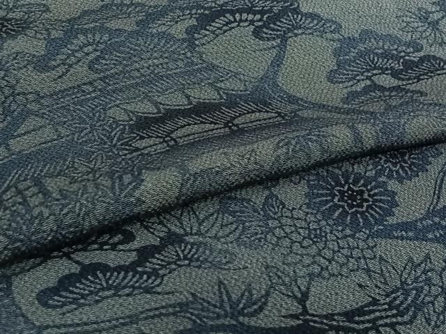 平和屋着物▽宮内庁御用達 赤城右堂 小紋 単衣 型染め 本草木染 風景花文 鬼しぼ縮緬 反端付き 正絹 逸品 AABL3787jh