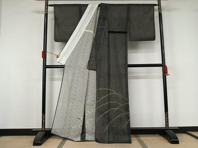 平和屋着物▽訪問着 無双 紗袷 紗×紗 芝花文 黒地 正絹 逸品 AABL3789jh