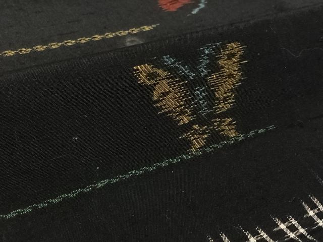 平和屋着物▽上質な紬 単衣 横段舞蝶文 黒地 正絹 逸品 AABL3800jh