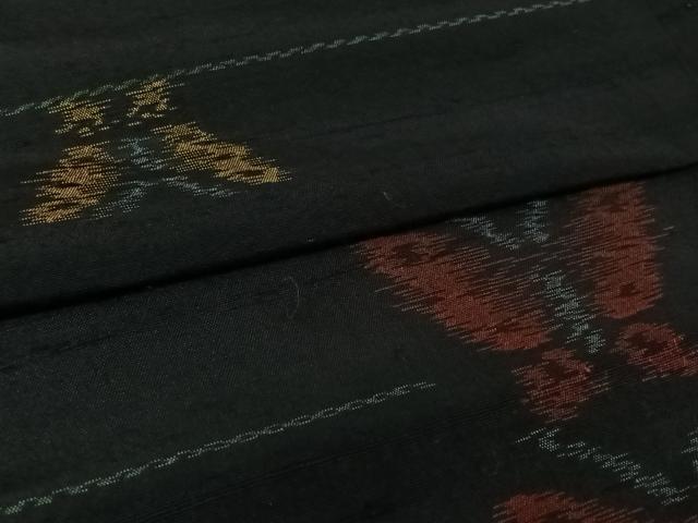 平和屋着物▽上質な紬 単衣 横段舞蝶文 黒地 正絹 逸品 AABL3800jh