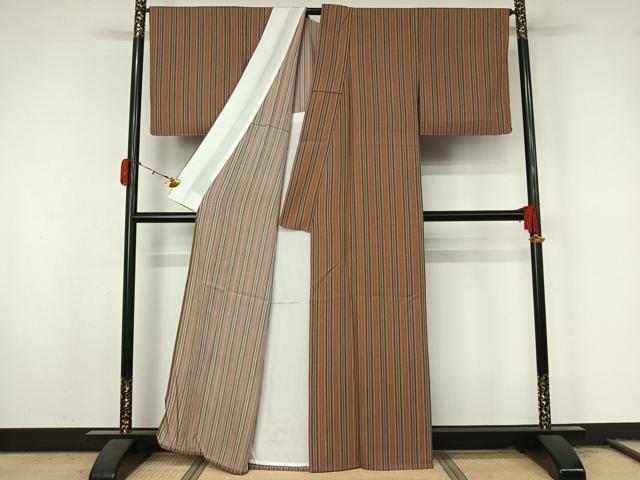 平和屋着物▽上質な小紋 単衣 縞 正絹 逸品 AABL3801jh
