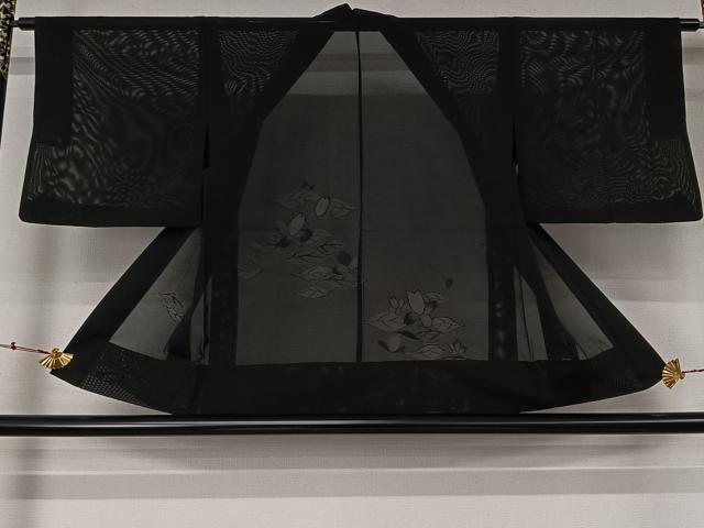 平和屋着物▽羽織 スリーシーズン 春夏秋 塵除け 草花文 黒地 正絹 逸品 AABL3807jh