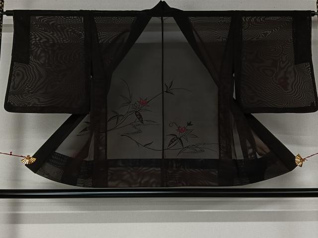 平和屋着物▽羽織 スリーシーズン 春夏秋 塵除け 紗 流水花文 黒地 正絹 逸品 未使用 AABL3825jh