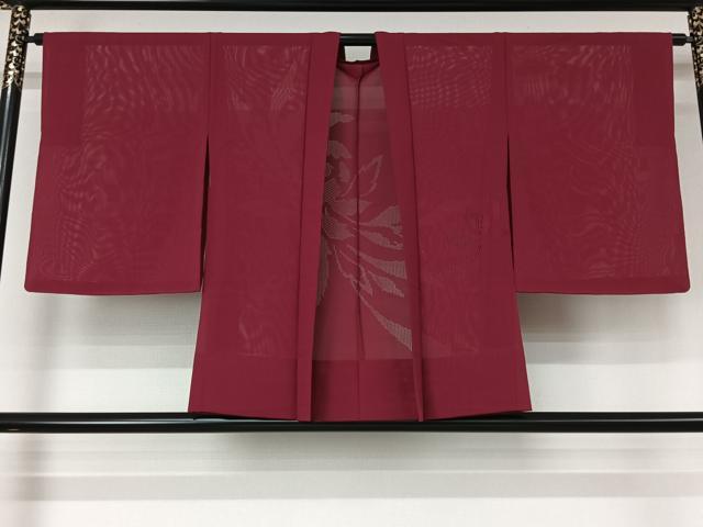 平和屋着物▽羽織 スリーシーズン 春夏秋 塵除け 絽 草花文 中紅色 正絹 逸品 AABL3843jh