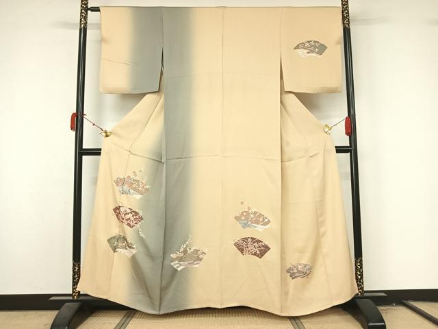 平和屋着物▽訪問着 単衣 刺繍 地紙花文 暈し染め 金銀彩 正絹 逸品 AABL3846jh