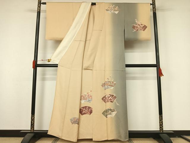 平和屋着物▽訪問着 単衣 刺繍 地紙花文 暈し染め 金銀彩 正絹 逸品 AABL3846jh