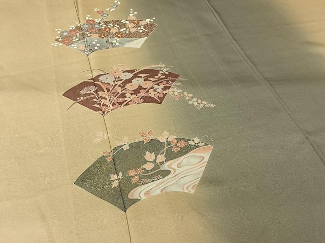 平和屋着物▽訪問着 単衣 刺繍 地紙花文 暈し染め 金銀彩 正絹 逸品 AABL3846jh