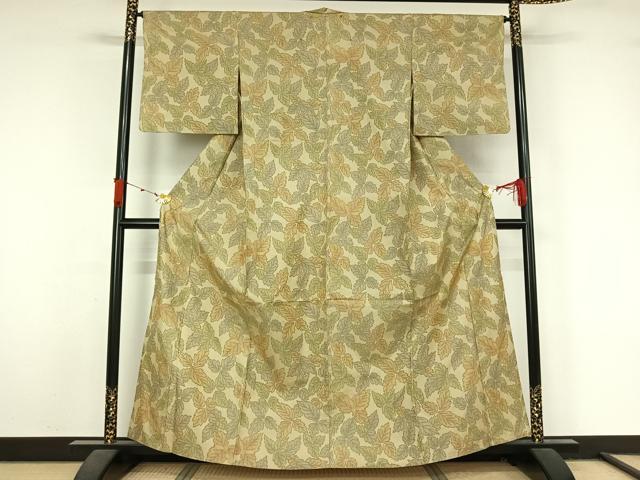 平和屋着物▽上質な紬 単衣 葉尽くし文 正絹 逸品 AABL3864jh
