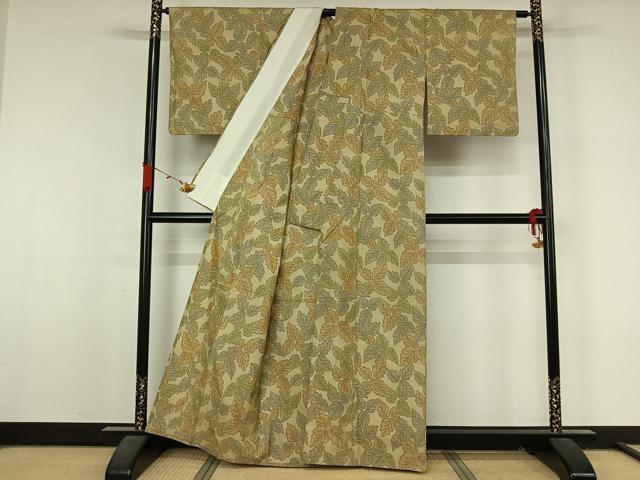 平和屋着物▽上質な紬 単衣 葉尽くし文 正絹 逸品 AABL3864jh
