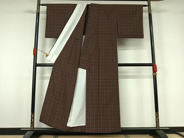 平和屋着物▽西陣 三代目市三郎 繭紬 単衣 格子 証紙付き 正絹 逸品 AABL3874jh