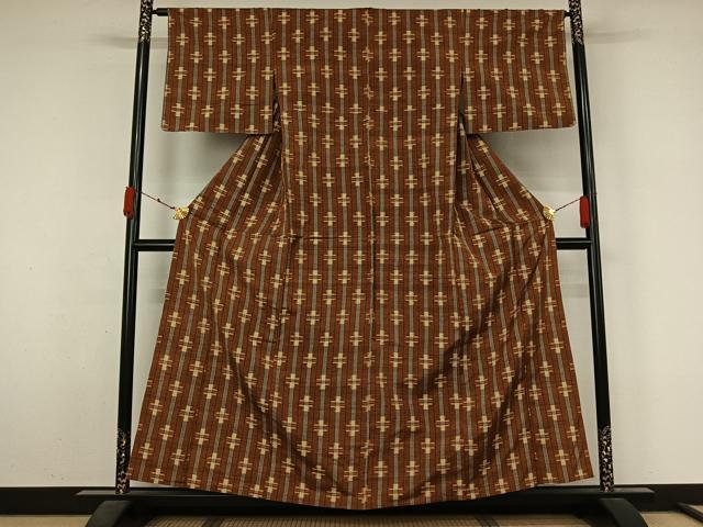平和屋着物▽上質な紬 単衣 幾何学文様 正絹 逸品 AABL3884jh