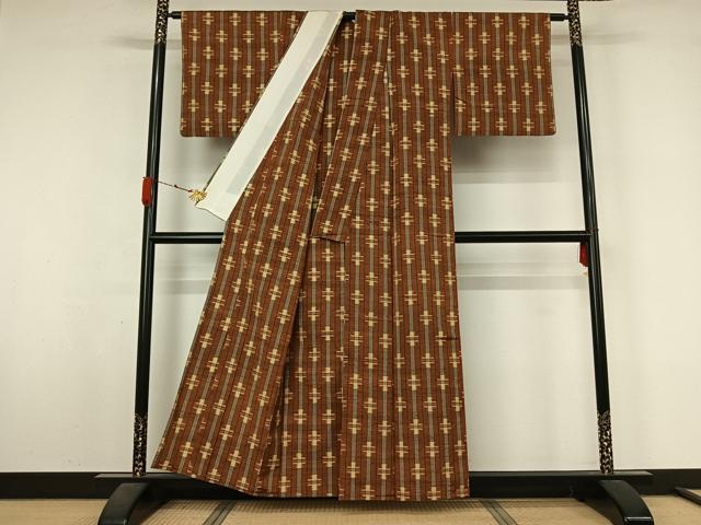 平和屋着物▽上質な紬 単衣 幾何学文様 正絹 逸品 AABL3884jh
