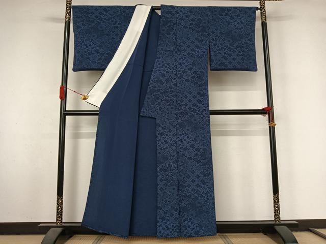 平和屋着物▽上質な小紋 単衣 藍 型染め 草花文 鬼しぼ縮緬 正絹 逸品 AABL3888jh