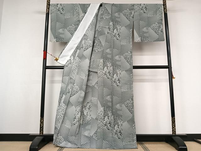 平和屋着物▽小紋 単衣 切嵌花文 洗える着物 AABL3893jh