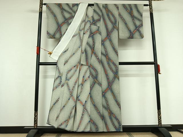 平和屋着物▽上質な小紋 単衣 手描き 鬘帯花文 鬼しぼ縮緬 正絹 逸品 AABL3903jh