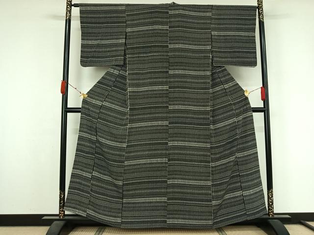 平和屋着物▽上質な小紋 単衣 縞 黒地 正絹 逸品 AABL3904jh