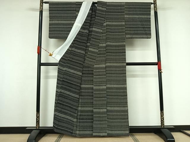 平和屋着物▽上質な小紋 単衣 縞 黒地 正絹 逸品 AABL3904jh