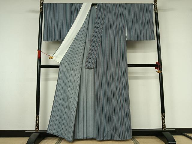 平和屋着物▽上質な小紋 単衣 縞 正絹 逸品 AABL3906jh