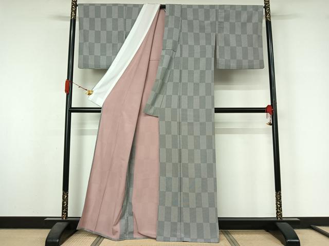 平和屋着物▽江戸小紋 単衣 市松文様 竹万筋 洗える着物 AABL3907jh