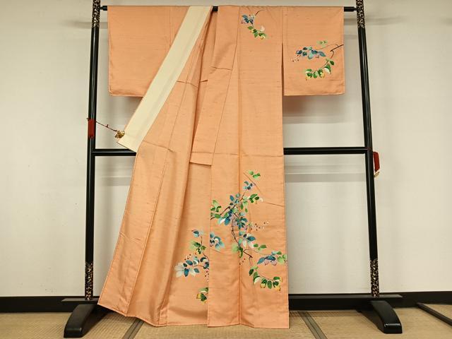 平和屋着物▽訪問着 単衣 紬地 友禅 枝花文 正絹 逸品 AABL3909jh
