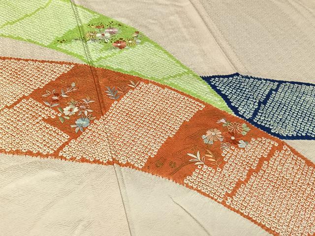 平和屋着物▽訪問着 単衣 絞り 刺繍 草花文 金彩 正絹 逸品 AABL3915jh