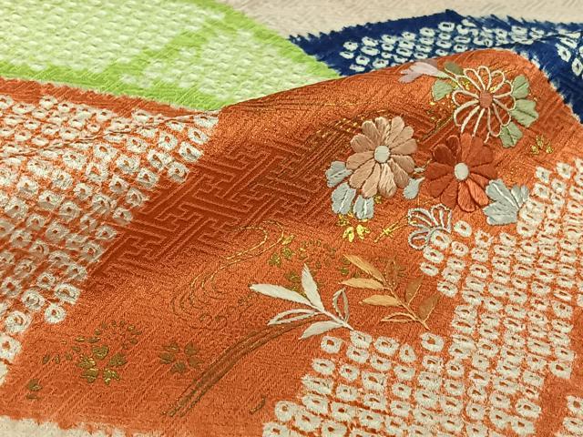 平和屋着物▽訪問着 単衣 絞り 刺繍 草花文 金彩 正絹 逸品 AABL3915jh
