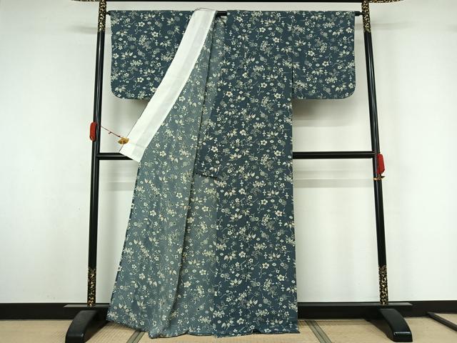 平和屋着物▽上質な小紋 単衣 型染め 草花文 鬼しぼ縮緬 正絹 逸品 AABL3934jh