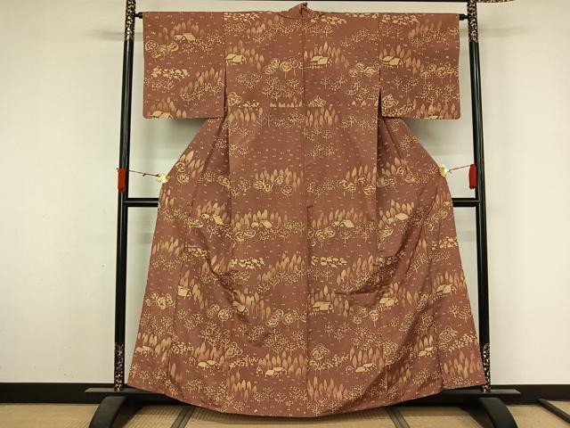 平和屋着物▽訪問着 単衣 紬地 ろうけつ染め 風景文 正絹 逸品 AABL3935jh