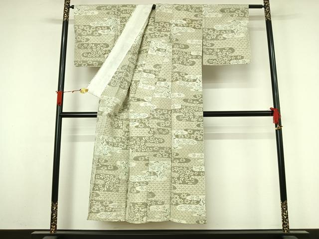 平和屋着物▽上質な紬 単衣 霞花文 正絹 逸品 AABL3936jh