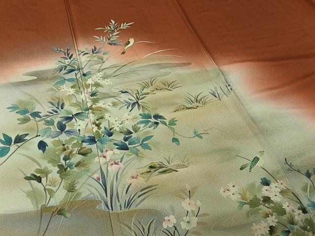 平和屋着物▽訪問着 単衣 手描き 流水花鳥文 暈し染め 金彩 正絹 逸品 AABL3941jh