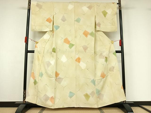 平和屋着物▽上質な小紋 単衣 地紋起こし 幾何学文様 正絹 逸品 AABL3947jh