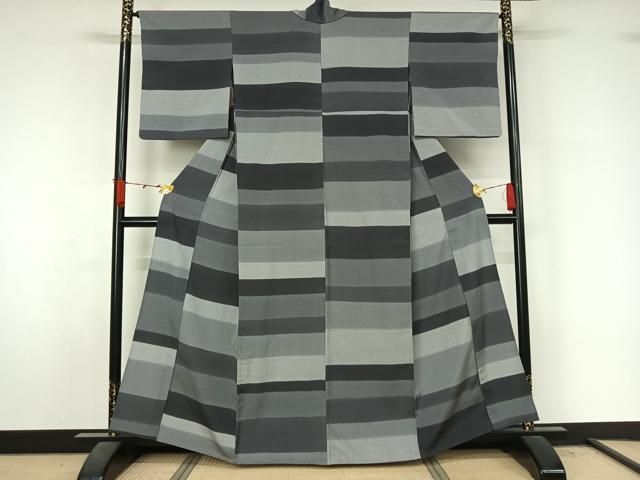 平和屋着物▽お召 単衣 横段文 正絹 逸品 AABL3955jh