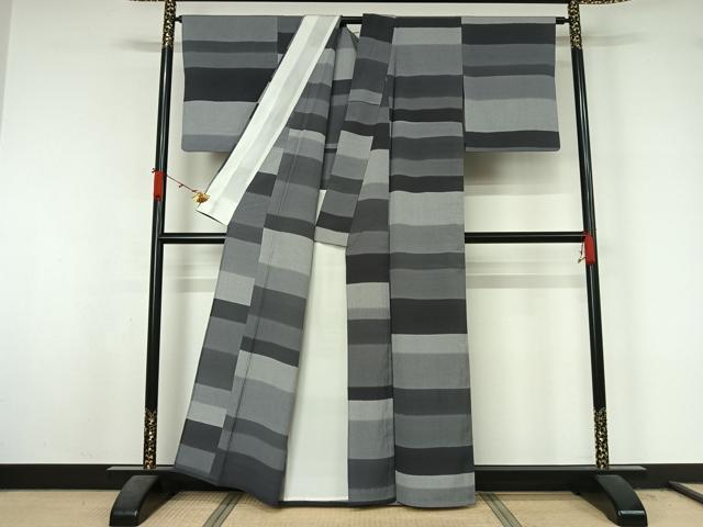 平和屋着物▽お召 単衣 横段文 正絹 逸品 AABL3955jh