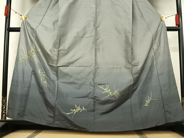 平和屋着物▽訪問着 単衣 紬地 総刺繍 草花文 暈し染め 正絹 逸品 AABL3957jh