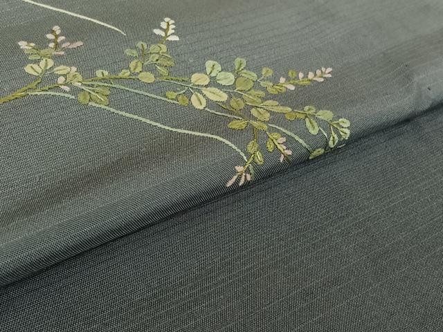 平和屋着物▽訪問着 単衣 紬地 総刺繍 草花文 暈し染め 正絹 逸品 AABL3957jh