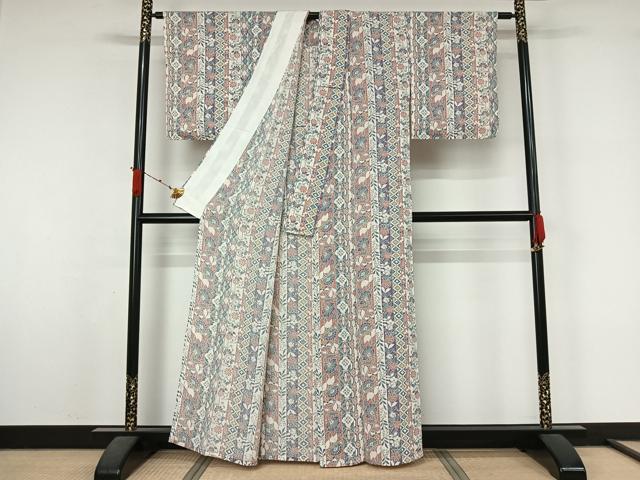平和屋着物▽上質な小紋 単衣 更紗花間道 鬼しぼ縮緬 正絹 逸品 AABL3966jh