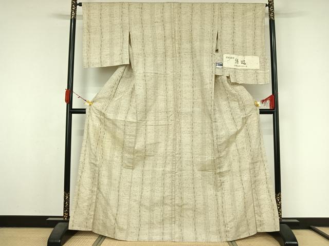 平和屋着物▽ぜんまい紬 単衣 白鷹山ぜんまい糸 縞 反端付き 正絹 逸品 AABL3981jh