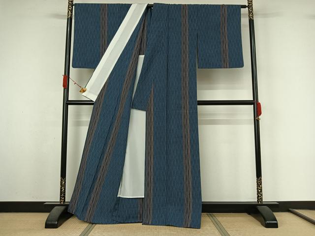 平和屋着物▽白倉紬 単衣 よろけ縞 反端付き 正絹 逸品 AABL3984jh