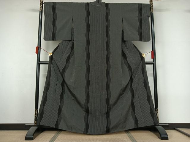 平和屋着物▽本塩沢 単衣 立涌文 黒地 正絹 逸品 AABL3989jh