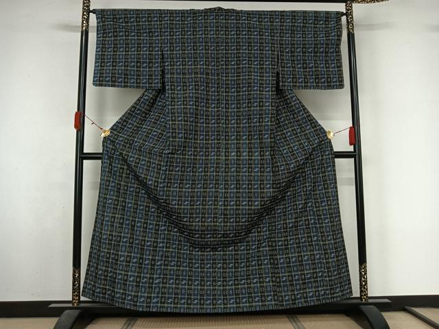 平和屋着物▽本場琉球絣 紬 単衣 格子 正絹 逸品 AABL3990jh