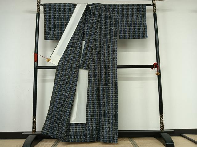 平和屋着物▽本場琉球絣 紬 単衣 格子 正絹 逸品 AABL3990jh