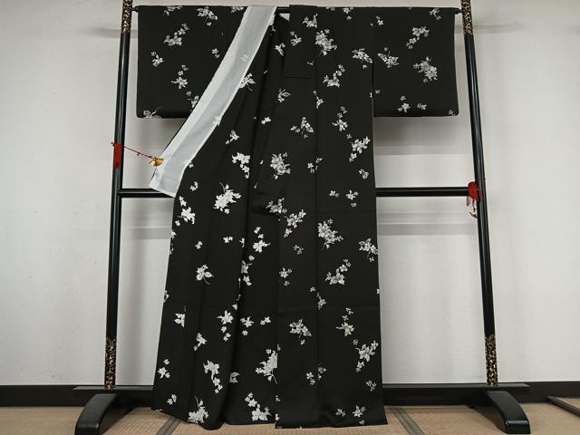 平和屋着物▽上質な小紋 単衣 草花文 黒地 正絹 逸品 AABL3991jh